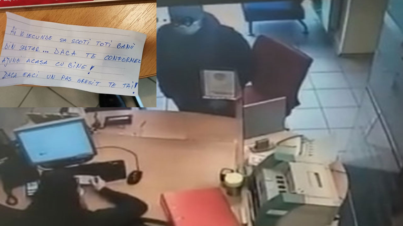 Jaf în 60 de secunde la o bancă din faţa Poliţiei Române! Totul a fost filmat: angajata citește un bilet şi apoi îi dă toţi banii din casă: ''Te tai'' - VIDEO