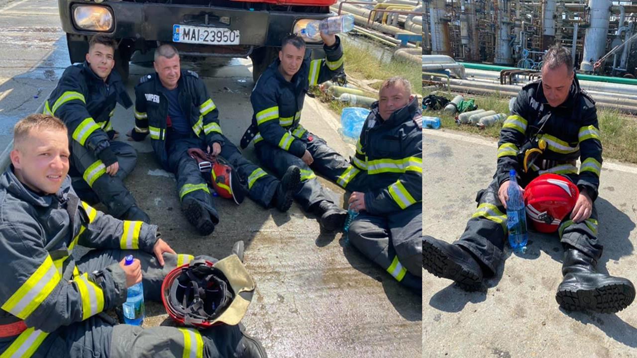 Imaginile zilei. Pompierii, obosiți după ce s-au luptat ore în șir cu focul, în urma exploziei de la Petromidia: „Felicitări, colegilor! Ați fost minunați!”